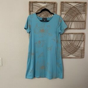 Kaulua'e Floral Hawaiian Aloha Dress Beachy Vacation Stretchy Blue Sz M B6